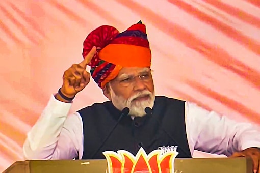 Prime Minister Narendra Modi addresses a public meeting ahead of Rajasthan Assembly elections in Churu district on November 19, 2023. (PTI)