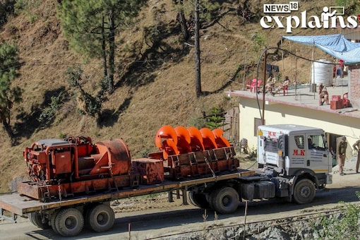 A high-performance drilling machine that was airlifted from Indore in Madhya Pradesh being brought for rescue operation in Uttarkashi. (PTI Photo)